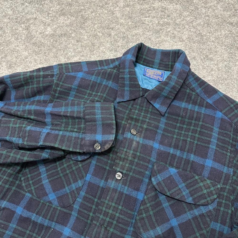 Vintage 50s 60s Pendleton Wool Board Shirt Men M Blue Green Plaid Flannel Button